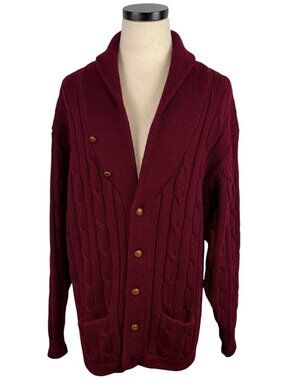 Vintage Preswick & Moore Burgundy Cable Knit Wool Cardigan Sweater XL Button